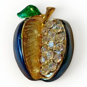 Vintage Rhinestone Apple Brooch Blue Green Gold Tone Fruit Pin Sparkly